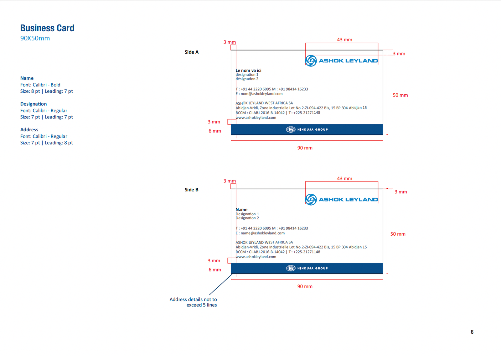 Service Centre visiting card guidelines