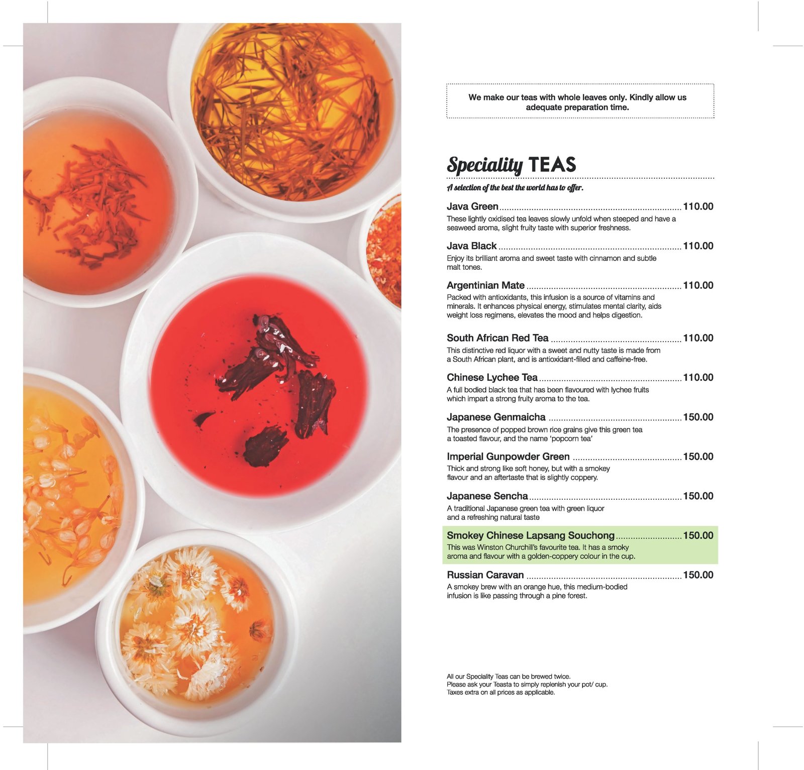 Teas menu Inside pages