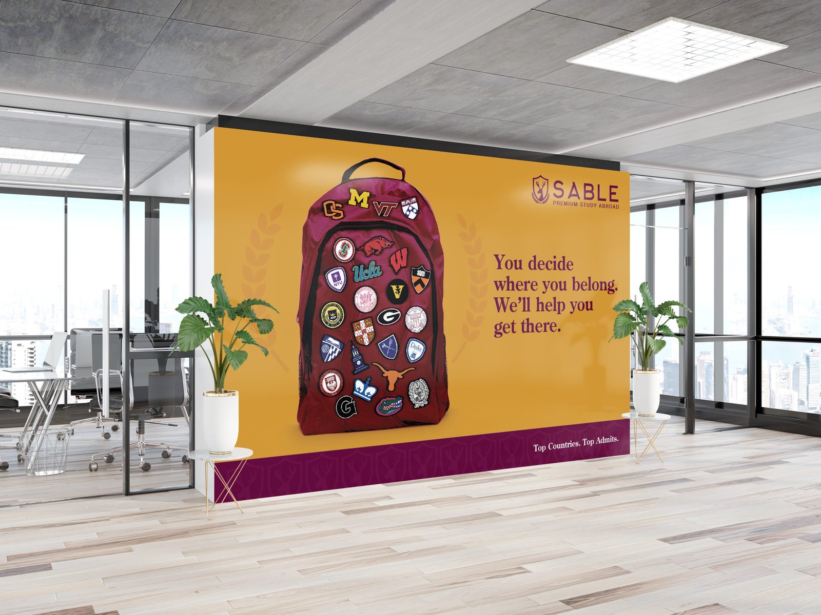 Thematic wall backdrop at office entry